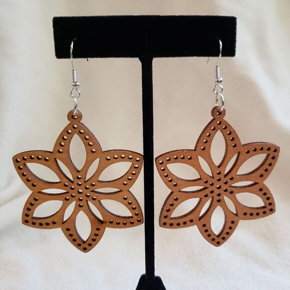 Boho Wood Floral Blossom Cutout Earrings - Picture 1 of 3